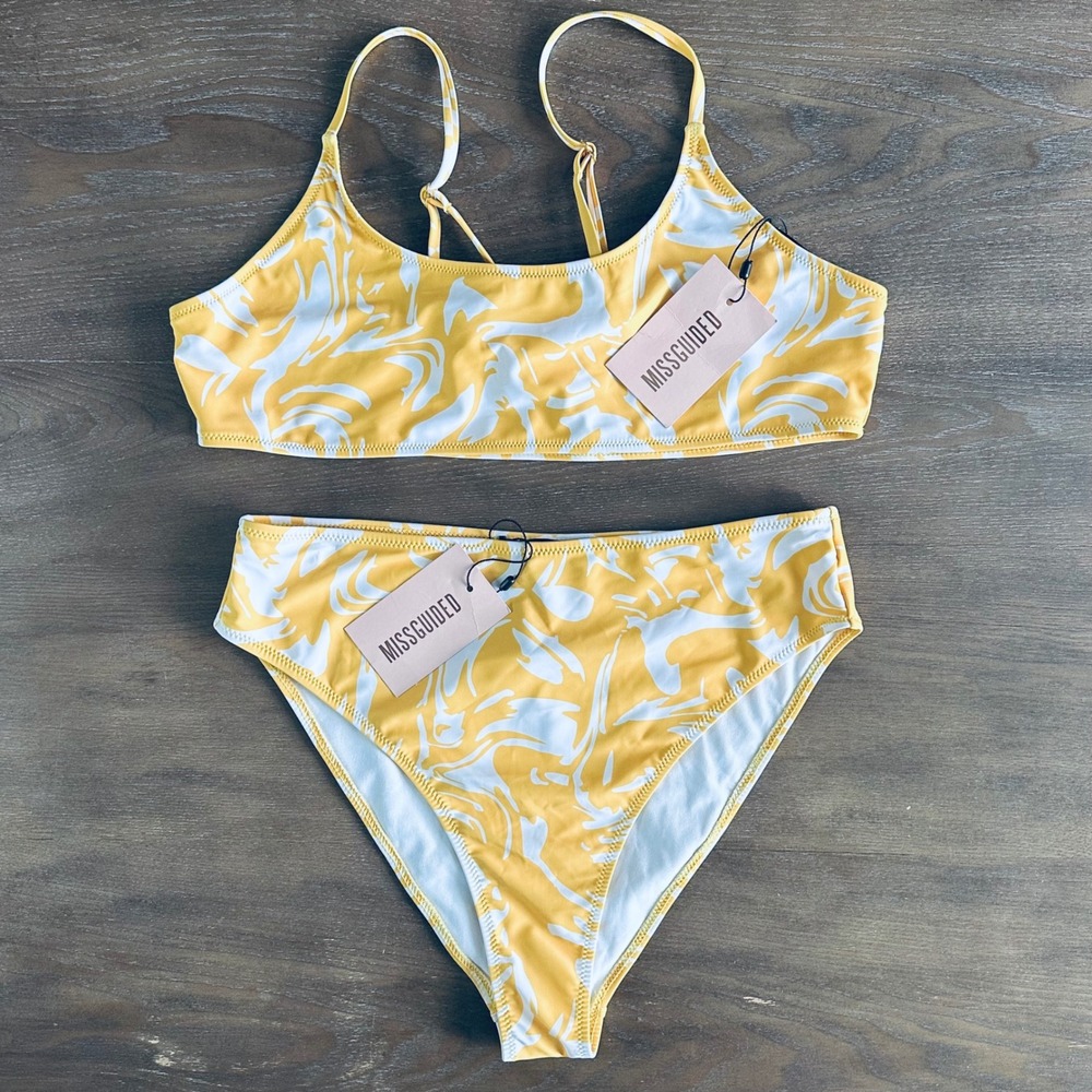 Missguided Yellow Smudge Print Bikini Set Scoop Top US 12 High Waist Bottom US 8